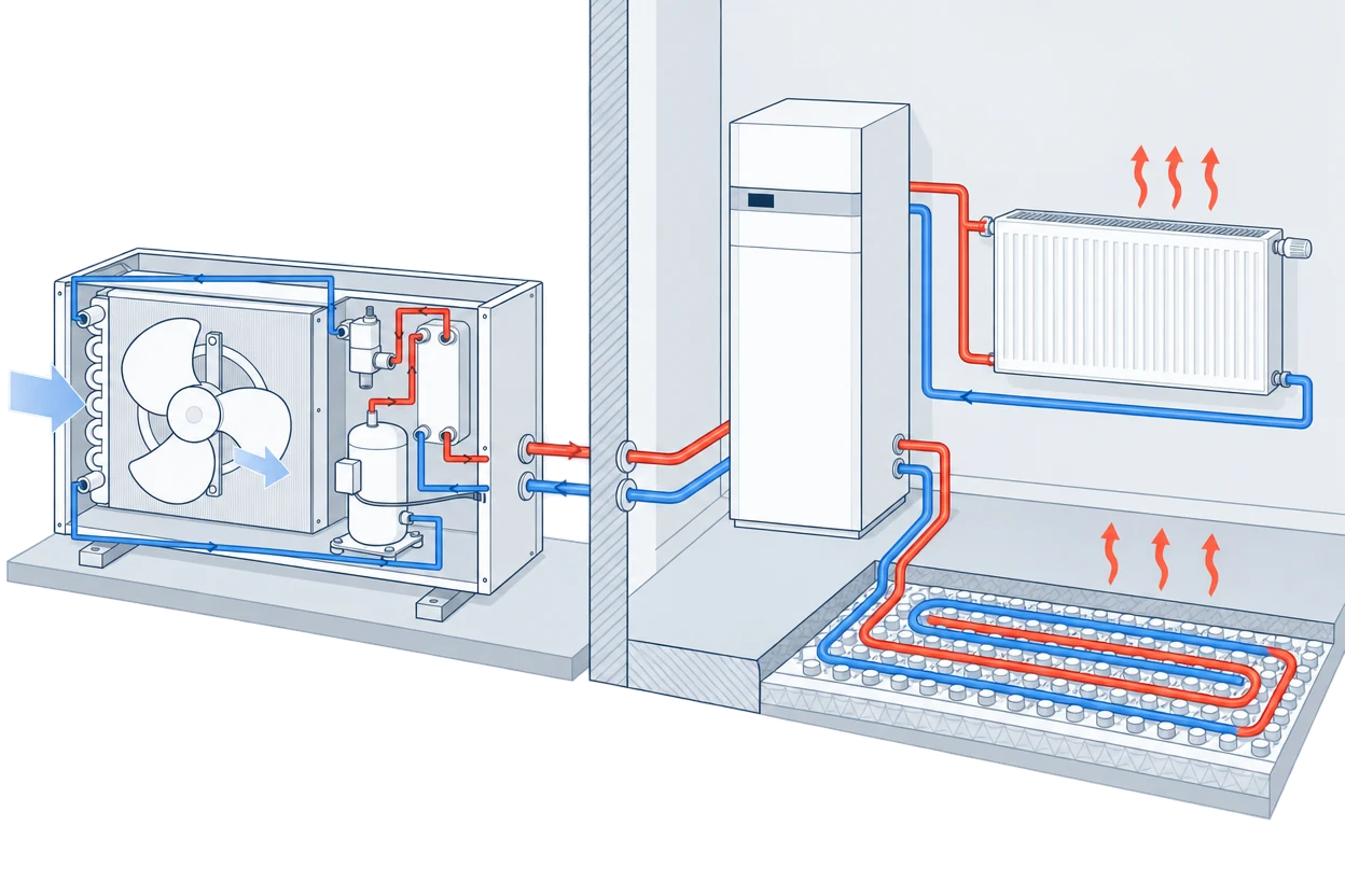 Udedel med ventilator og kompressor forbundet med indedel, radiator og gulvvarme gennem røde og blå rør