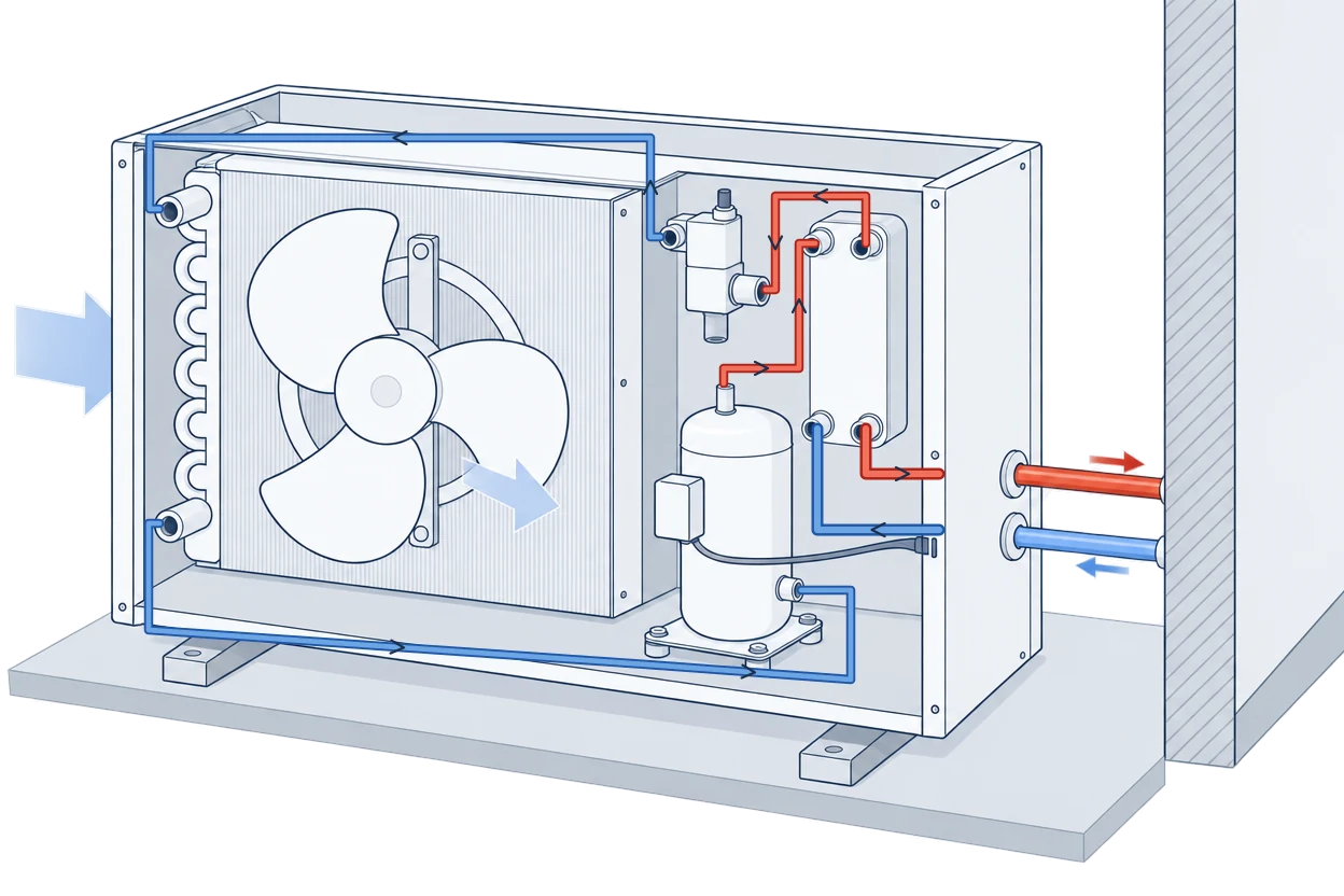 Åben udedel med ventilator og fordamper til venstre, kompressor og ekspansionsventil i midten og varmeveksler med varmerør til højre