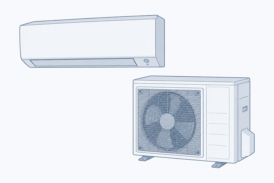 En luft til luft-varmepumpe med en væghængt indedel og en udedel med ventilator